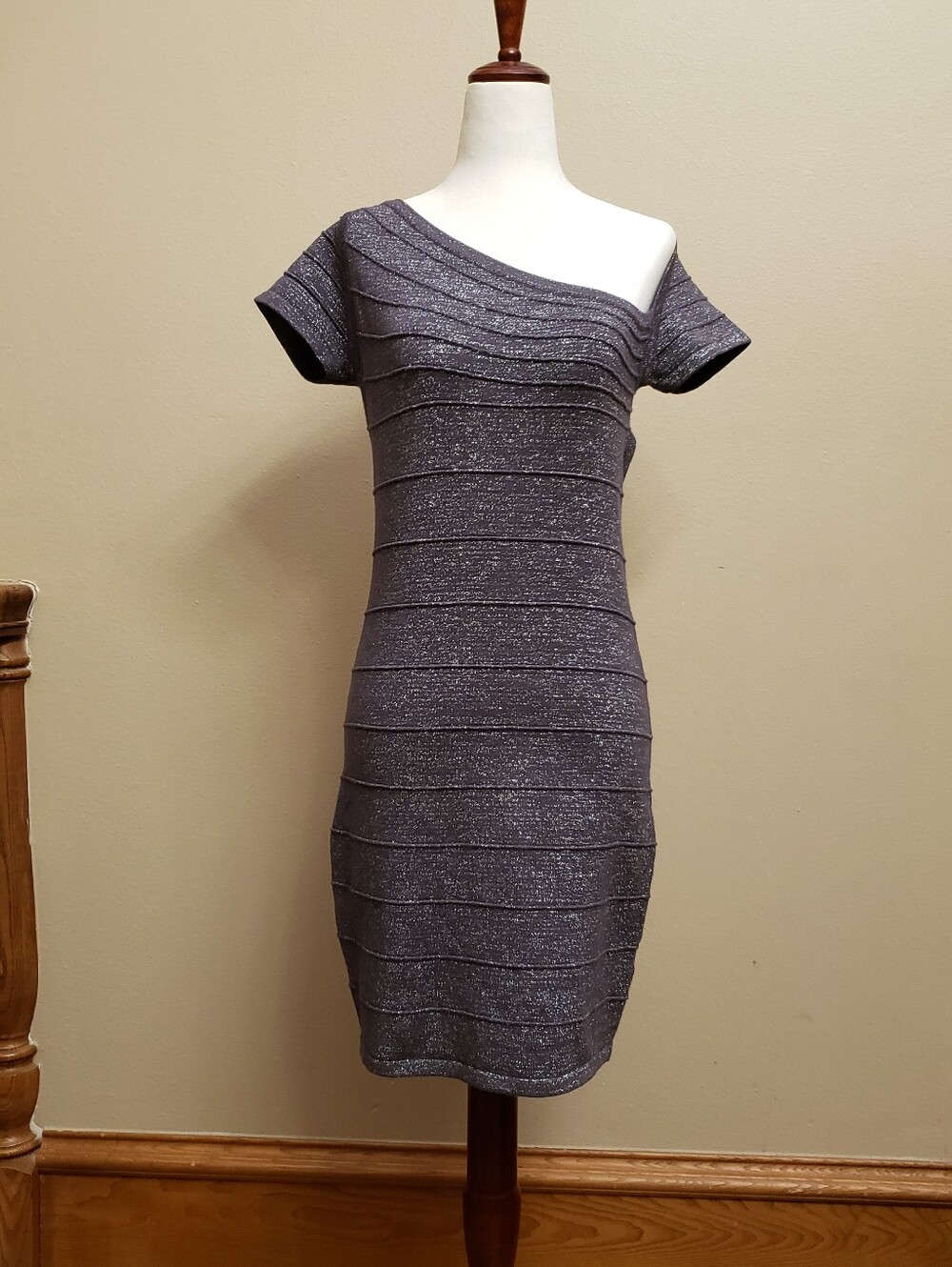 WOW couture One-Shoulder Metallic Knit Dress in Silver-Gray